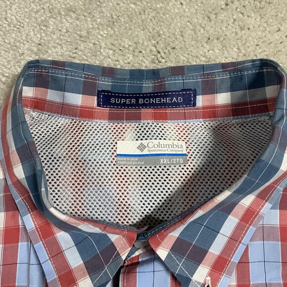 Columbia PFG Super Bonehead Shirt Mens 2XL Red Blue Plaid Fishing Vented Back - Picture 2 of 8